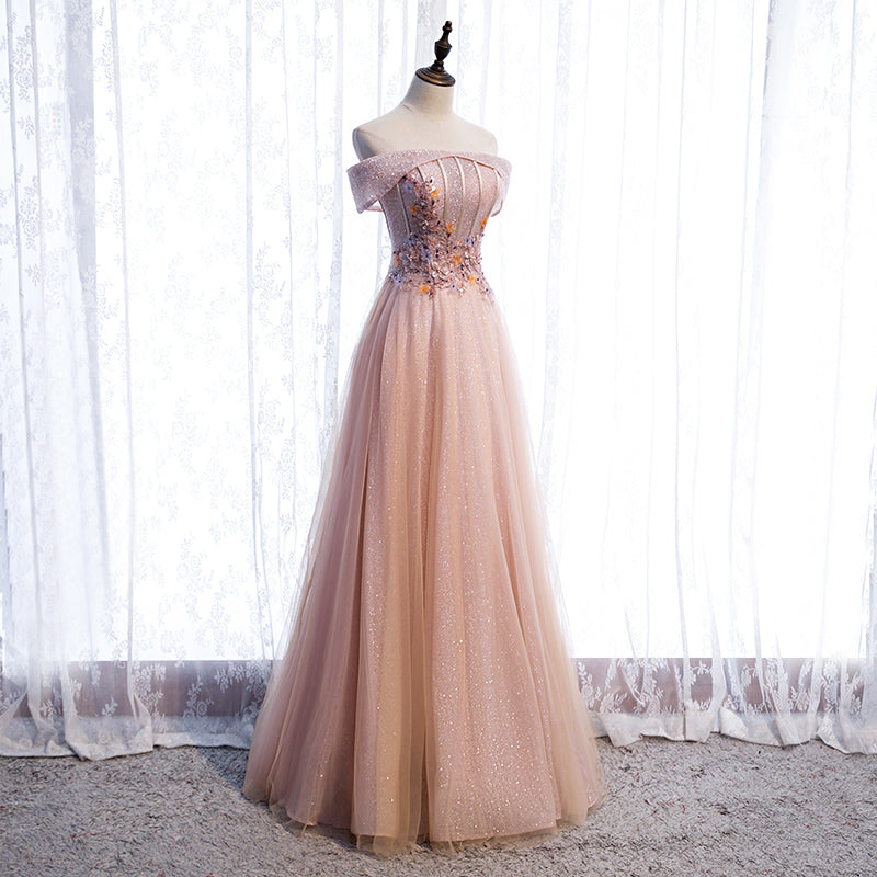 Pink tulle sequins long prom dress formal dress  8318