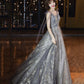 Gray tulle sequins long prom dress A line evening gown  10436