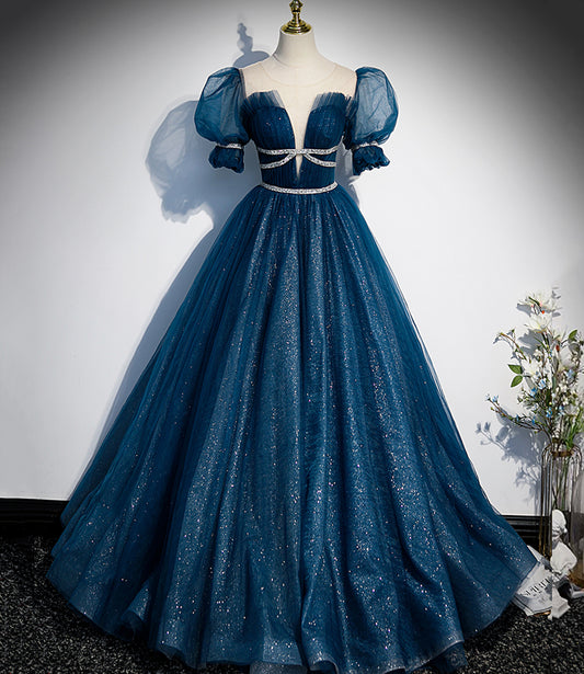 Robe de soirée longue en tulle bleu à paillettes 10223