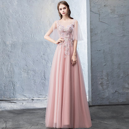 Robe de soirée longue en tulle et dentelle rose 8255