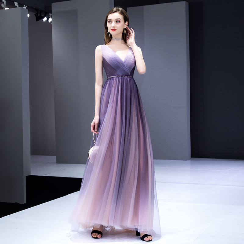 Purple v neck tulle long prom dress  8199