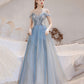 Blue tulle beads long prom dress blue evening dress  10283