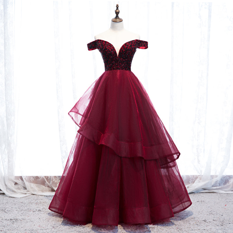 Burgundy tulle long prom gown formal dress  8270