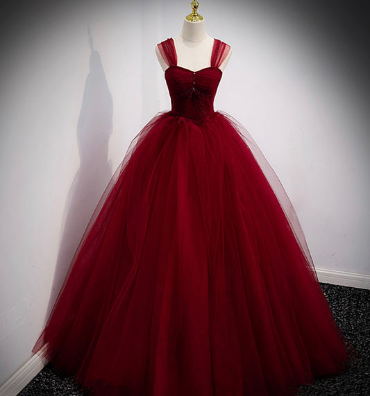 Burgundy tulle long ball gown dress evening dress  8978