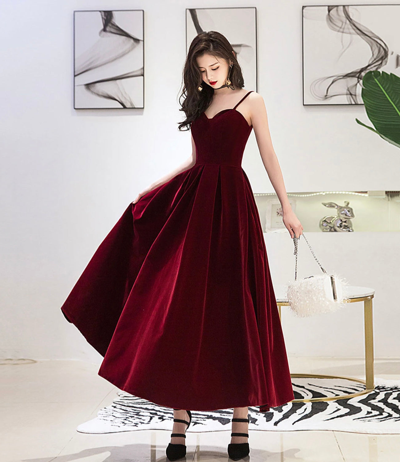 Burgundy velvet short prom dress homecoming dress  8654