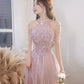 Pink tulle beads long prom dress A line evening gown  10299