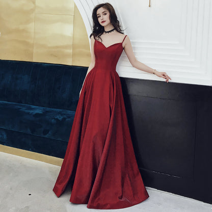 Simple v neck long A line prom dress, burgundy evening dress  8108