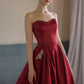 Red satin long A line prom dress red evening dress  10594