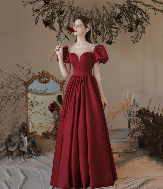 Langes Ballkleid aus Burgund-Satin Abendkleid in A-Linie 10373