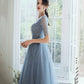 Blue tulle beads long prom dress A line evening gown  10333