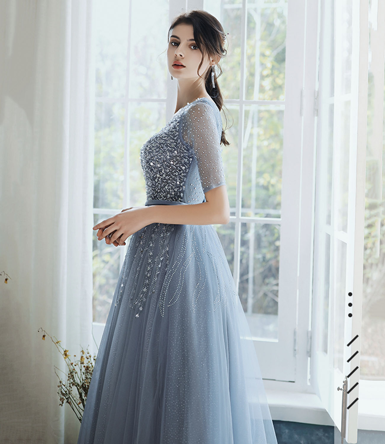 Blue tulle beads long prom dress A line evening gown  10333