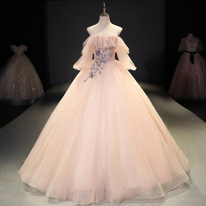 Pink tulle sequins long ball gown dress evening gown  10093
