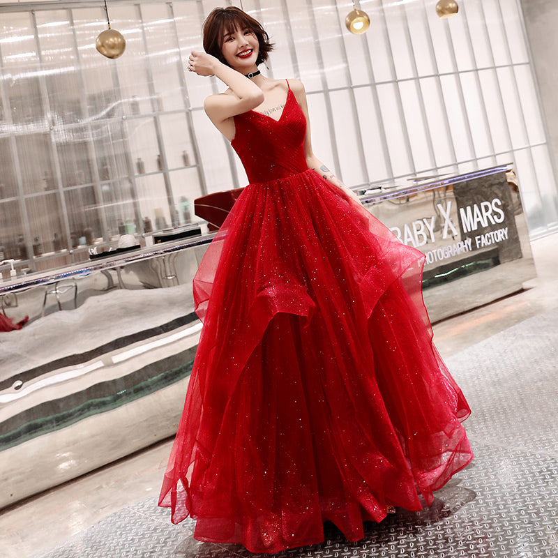 Stylish v neck tulle long prom dress, evening dress  8058