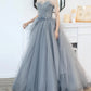 Gray tulle applique long prom dress A line evening gown  10485