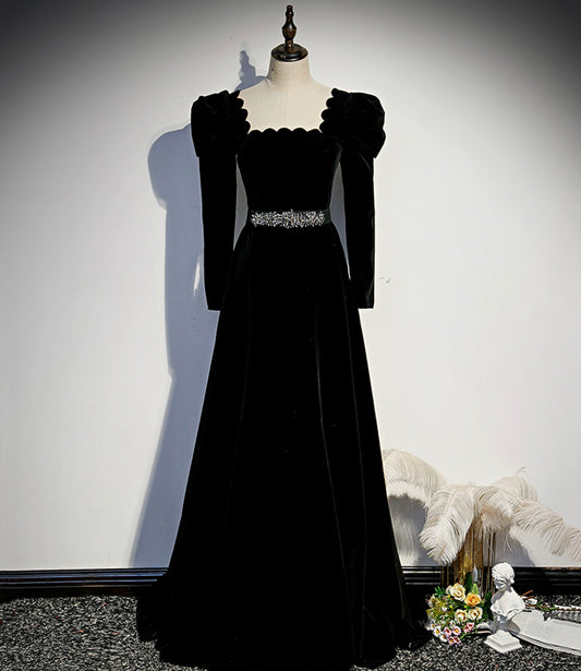 Black velvet long prom dress A line evening dress  10330