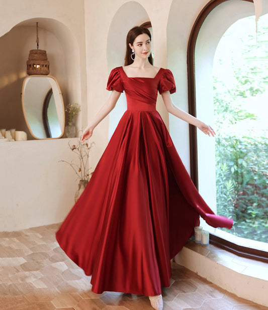 Burgund Satin lange A-Linie Ballkleid Abendkleid 8829