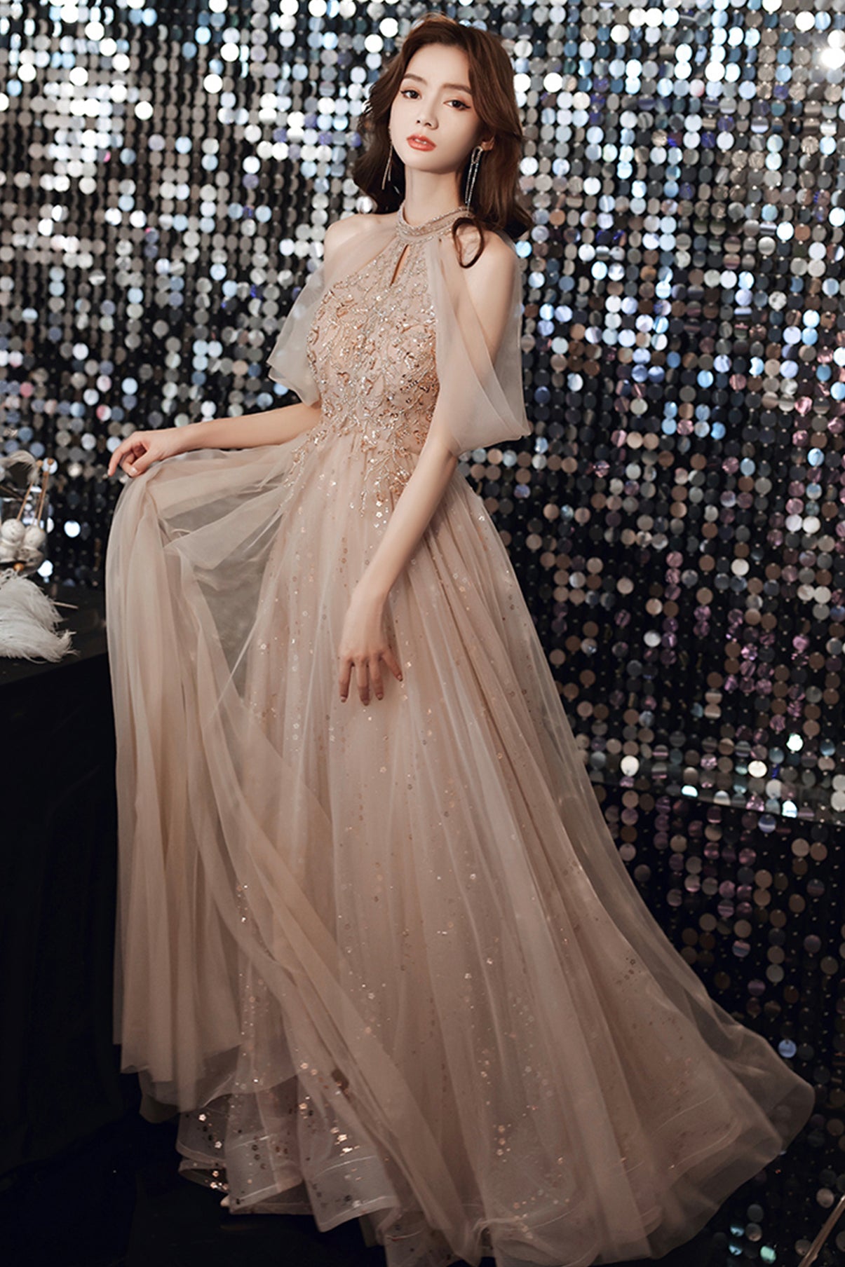 Robe de soirée longue en tulle champagne à paillettes 8683