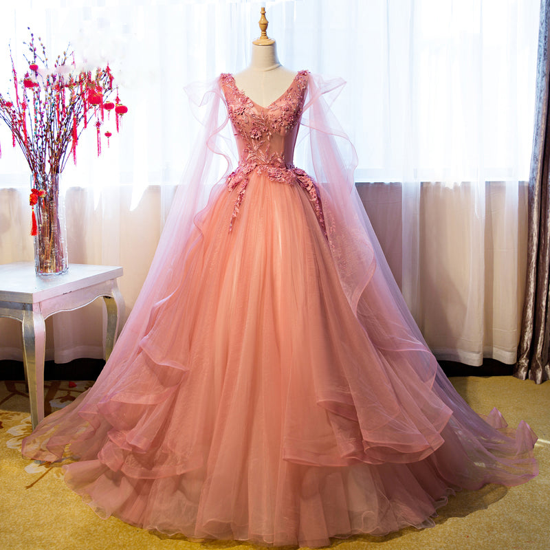 Pink v neck tulle lace ball gown formal dress  8240