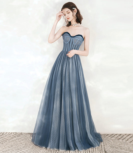 Blue tulle beads long prom dress A line evening dress  10549