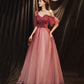 Burgundy tulle long prom dress A line evening gown  10256