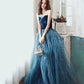 Blue velvet tulle long prom dress A line evening dress  10499