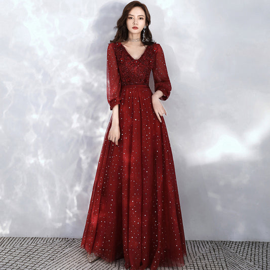 Robe de soirée à manches longues en dentelle bordeaux 8985