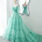 Blue tulle long A line prom dress blue evening dress  10551