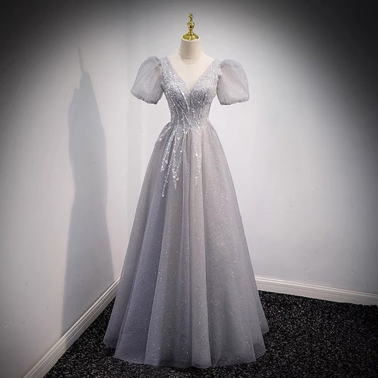 Gray tulle beads long prom dress A line evening dress  8956