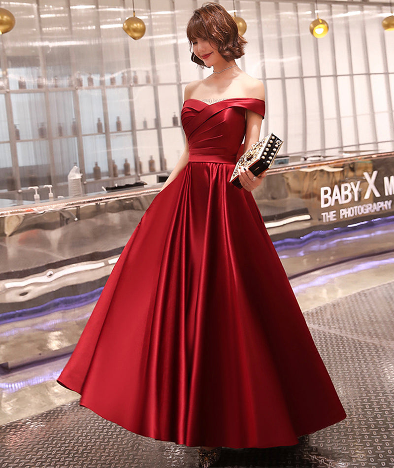 Burgundy satin A line prom dress party dress  8381