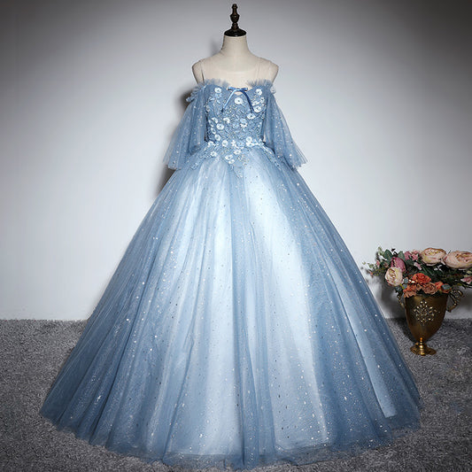 Blue tulle lace long ball gown dress formal dress  10197