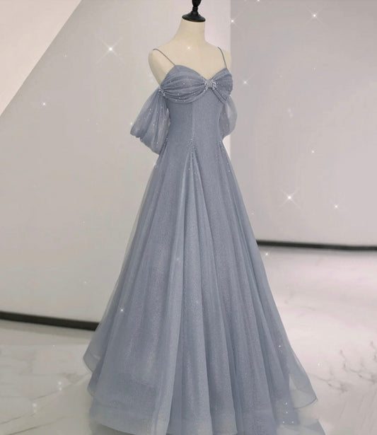 Gray tulle sequins long prom dress gray evening dress  10633