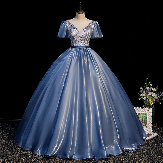 Blue satin long ball gown dress blue evening gown  10092