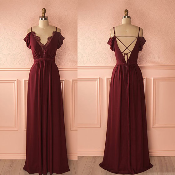 Robe de soirée longue en mousseline de soie bordeaux 8284