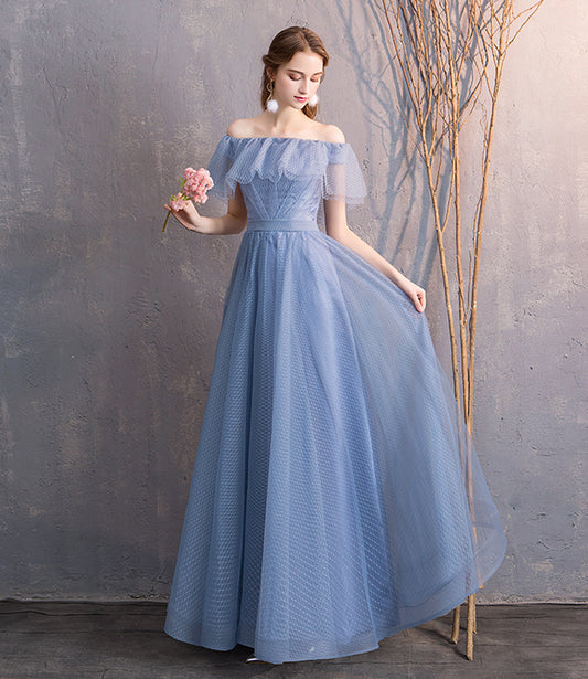 Robe de soirée simple longue en tulle bleu 8866