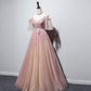 Pink v neck tulle long prom dress evening dress  8455