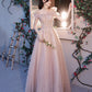 Pink tulle beads long prom dress A line evening dress  10487