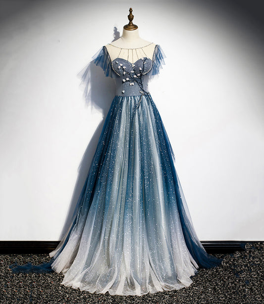 Blue tulle long A line prom dress blue evening dress  8928