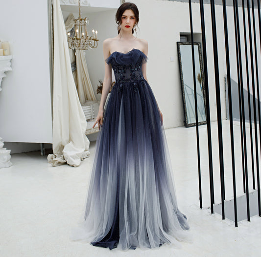 A line strapless tulle long prom dress formal dress  8224