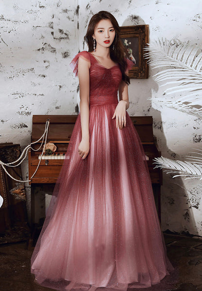 Burgundy tulle sequins long prom dress  8313