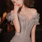 Gray tulle sequins long prom dress A line evening dress  10627