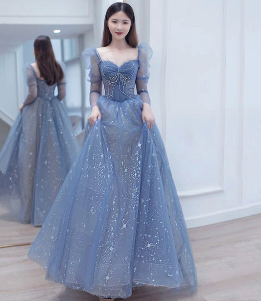 Blue tulle beads long prom dress A line evening dress  10402