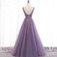 Purple v neck long A line prom dress lace evening dress  8586