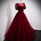 Burgundy tulle long prom dress two pieces evening dress  10328