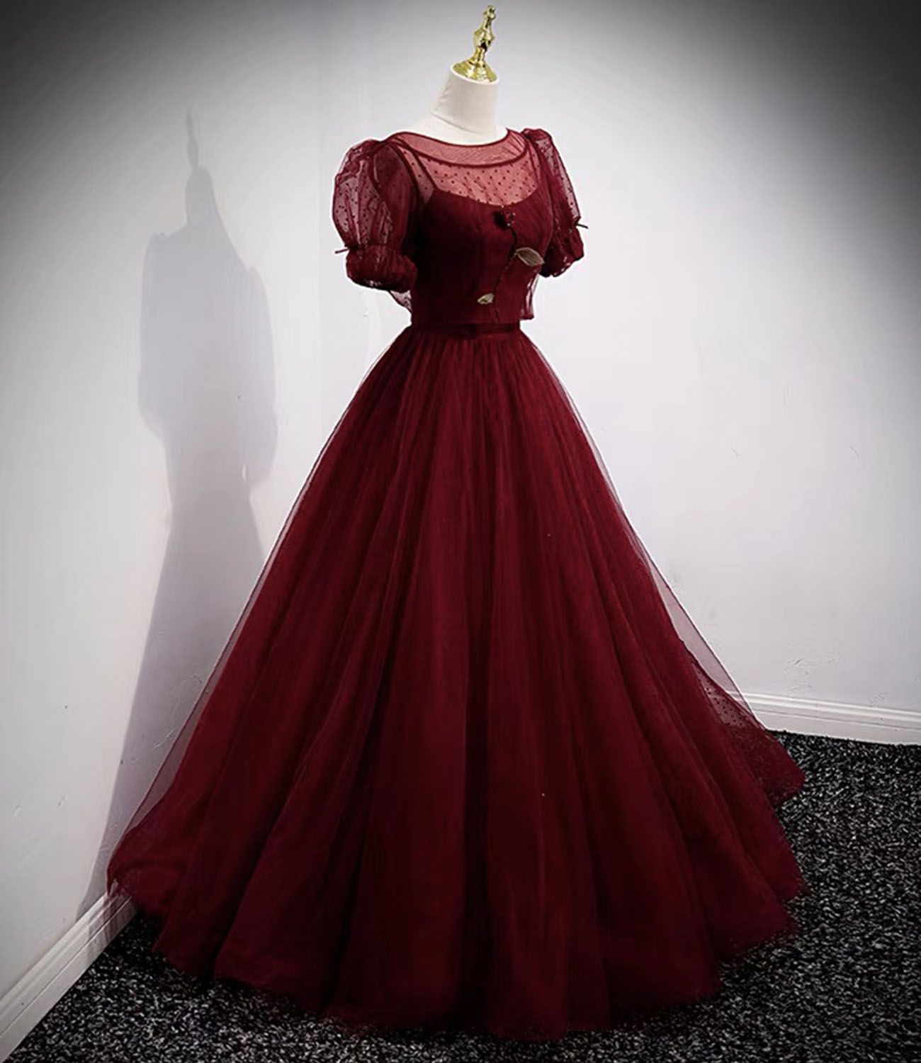 Burgundy tulle long prom dress two pieces evening dress  10328