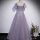 Purple tulle beads long prom dress A line evening gown  10221