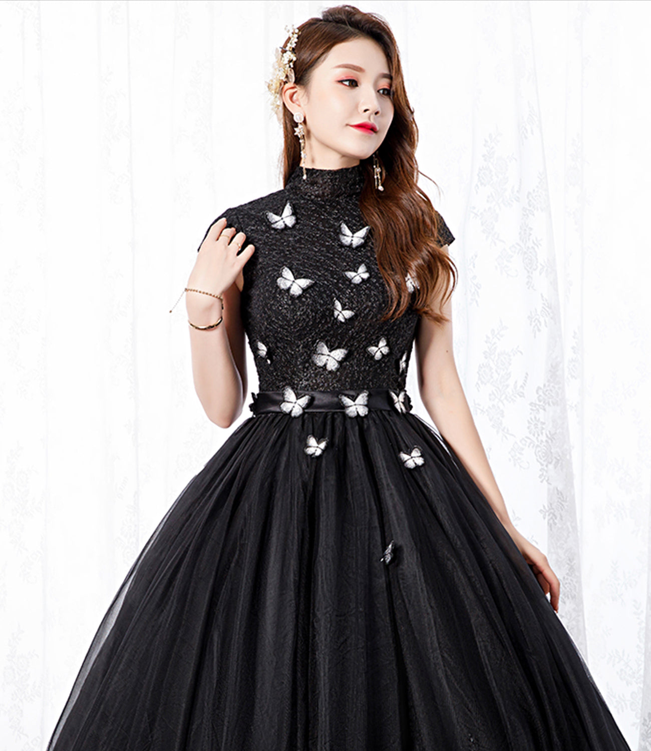 Black tulle long A line ball gown dress formal dress  8650