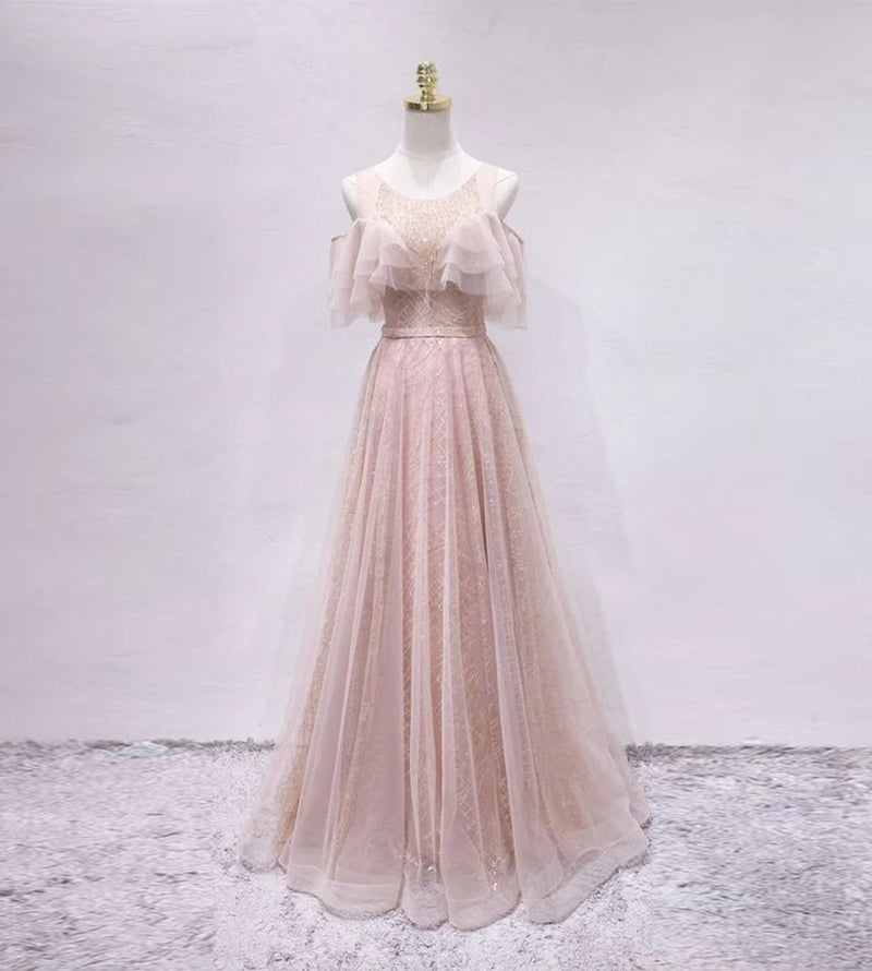 Pink sequins tulle long prom dress  8175