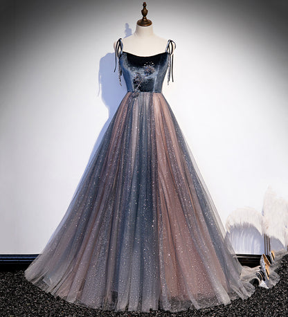 Robe de soirée longue en tulle bleu à paillettes 8504