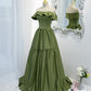 Green satin long A line prom dress green evening dress  8819