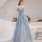 Blue tulle beads long prom dress blue evening dress  10283